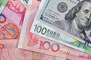 Foreign currency banknotes as background.