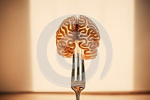 Close-up of fork with brain, symbolizing dependence on healthy eating for human life and well-being