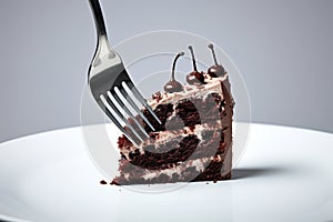 Close-up of a fork with cake on light background, symbolizing human reliance on food photo