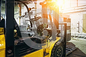 Close up of Forklift Truck inside warehouse or factory or logistics company