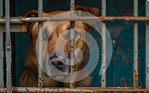 Close-up of a forlorn golden retriever behind a metal fence, gazing outward with yearning.