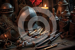 close-up of foundry tools and protective gear