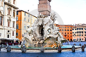 Close up of The Fountain Of The Four Rivers, Navona Square, Rome, Italy