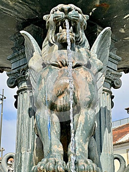 Close up of fountain of Lions, 19th century fountain in Parada Leitao Square in historic city of Porto in Portugal.