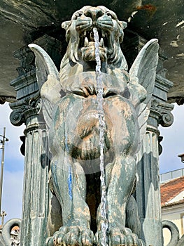 Close up of fountain of Lions, 19th century fountain in Parada Leitao Square in historic city of Porto in Portugal. photo