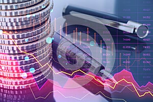 Close up of fountain pen and stacked coins on table with pink crisis business and forex chart on blurry background with bokeh