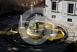 Close-up of the fountain in the Plaza Adolfo Suarez. High angle view.