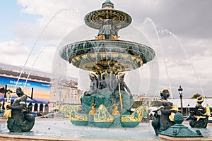 Fountain of River Commerce and Navigation in Place de la Concorde in the center of Paris France, on a summer day, with drops of