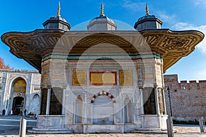 Close up of Fountain of Sultan Ahmed III of Topkapi Palace in Istanbul, Turkey