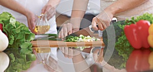 Close-up of four human hands are cooking in a kitchen. Friends having fun while preparing fresh salad. Vegetarian