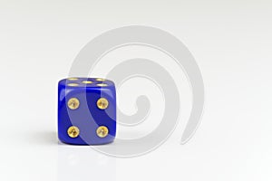 Four points on single blue dice isolated on white background
