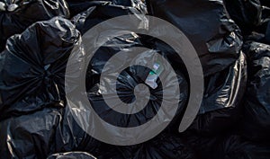 Close-up fragment of a crumpled black polyethylene trash bag