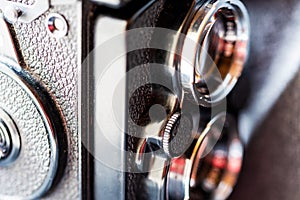 Close-up of a fragment of an old Twin Lens Reflex camera. Selective focus