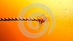 Close-up of frayed rope under tension against an orange backdrop, symbolizing challenge and endurance. Perfect for