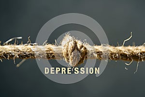 Close-up of frayed rope with the word 'DEPRESSION'. Symbol of mental struggle. Concept of hope and seeking help