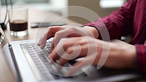 Close up of freelancer's developer hands typing program code on laptop keyboard in coworking. Businessman at work in