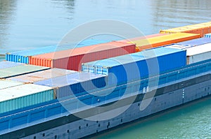 Close up on freight containers on a ship or barge