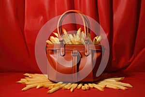 a close-up of french fries sticking out of a leather satchel