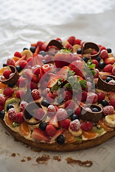 Close-up of a French fruits pie seen from above