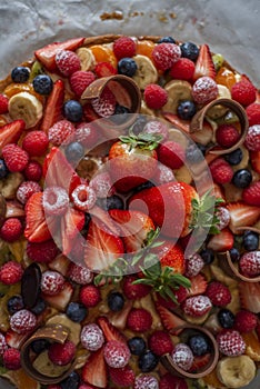 Close-up of a French fruits pie seen from above