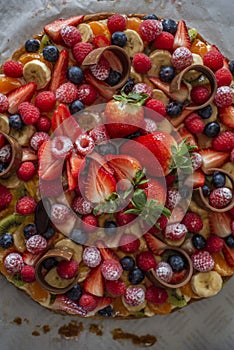 Close-up of a French fruits pie seen from above