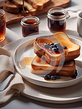Close-Up of French Toast with fruits and sirup.