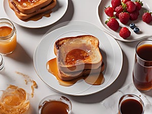 Close-Up of French Toast with fruits and sirup.