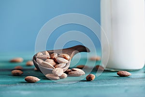 Close up of Fresh Almonds with Bottled White Almond Milk