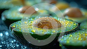 Close-up of fresh avocado halves with water droplets