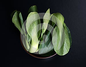 close up Fresh baby green bok choy in bowl on the black