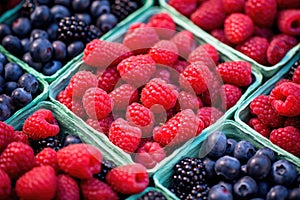 Close up of fresh berries in a basket for sale at a market, Farmers Market Berries Assortment Closeup, Strawberries, Blueberries,