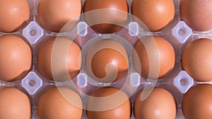 Close-up of fresh brown eggs in a plastic box ,copy space