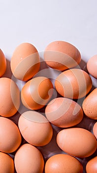 Close-up of fresh brown eggs ,top view,copy space,background