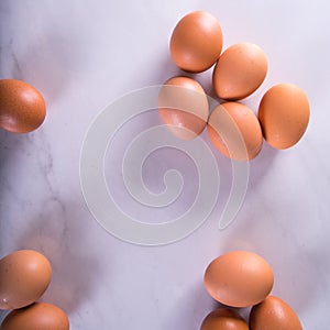 Close-up of fresh brown eggs ,top view,copy space,background