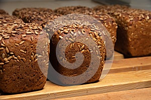 Close-up fresh brown loaves of rye bread in the form of bricks with sunflower seeds on a crust. Lie on a wooden rack