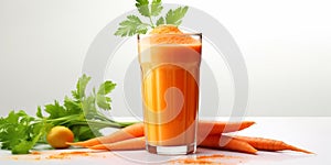 close up of Fresh Carrot Juice with vegetables, isolated on white background, copy space