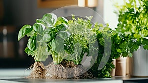 A close-up of fresh, chemical-free herbs like basil, cilantro, and parsley, still with roots intact, displayed on a clean kitchen photo