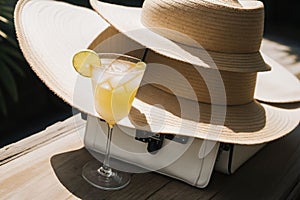 Close-up of a fresh cocktail with a straw hat