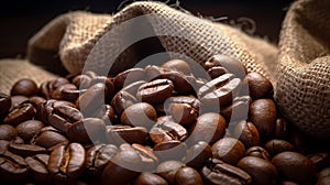 Close-up of fresh coffee beans spilling out of a sack on a rustic wooden table surface