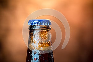 close-up of fresh cold beer ale single bottle with drops and stopper on warm background