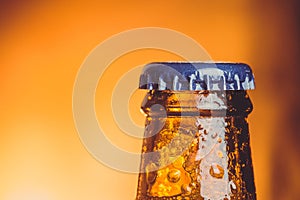 close-up of fresh cold beer ale single bottle with drops and stopper on warm background