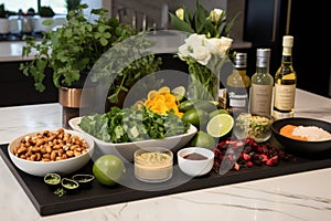 Close-up of fresh and colorful ingredients for making vegetarian salad on table in modern kitchen