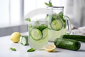 Close-up fresh cool water drink for detox with cucumber, mint and lemon.