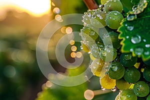 Close-up of fresh dewy grapes on vine at sunset