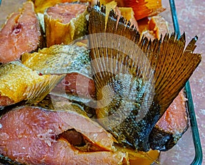 Close-up of Fresh Fish Cuts in a Glass Container