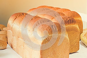 Close up Fresh fragrant bread on the table. Food concept