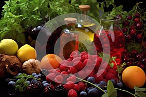 close-up of fresh fruit and herbs for schnapps making