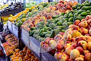 Close up Fresh fruit and vegetables at the counter of the vegetable shop, farmer marketplace. Organic, healthy, vegetarian diet fo