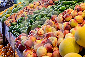 Close up Fresh fruit and vegetables at the counter of the vegetable shop, farmer marketplace. Organic, healthy, vegetarian diet fo