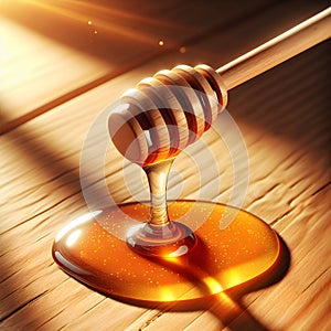 Close up of fresh golden honey slowly dripping from a wooden honey dipper